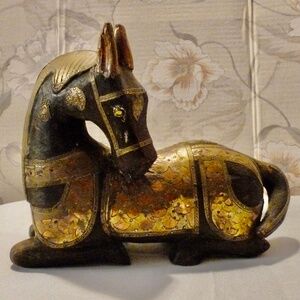 Hand Carved Wooden Seated Horse With Ornate Saddle, Brass and Copper Accents